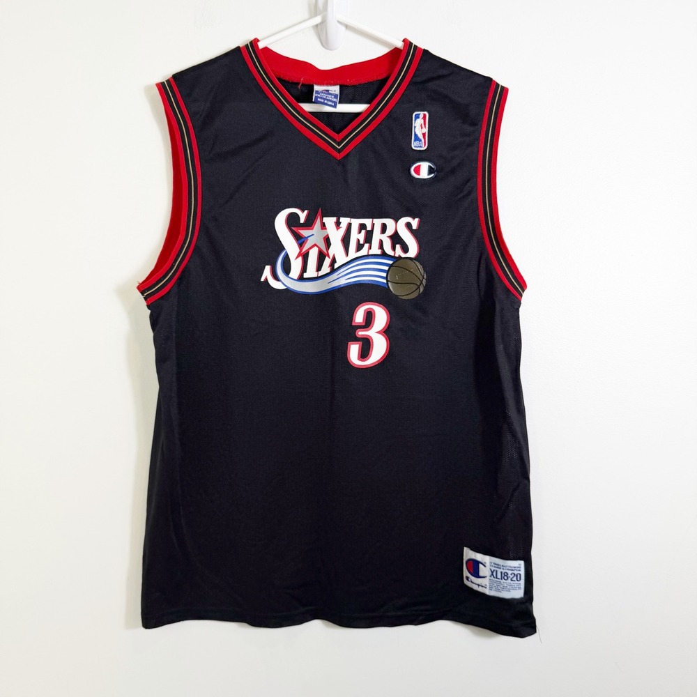 VTG Champion NBA Philadelphia 76ers Jersey Boys XL 18-20 Black Allen Iverson #3